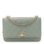 Lambskin Quilted Trendy CC Wallet On Chain WOC Grey