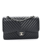 Caviar Chevron Quilted Jumbo Double Flap Black
