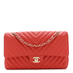 Lambskin Chevron Quilted Medium Double Flap Red