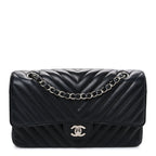 Caviar Chevron Quilted Medium Double Flap Black