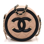 Caviar Quilted Round Filigree Crossbody Beige Black