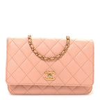 Lambskin Quilted CC Pearl Crush Wallet on Chain WOC Light Orange
