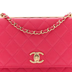 Lambskin Quilted Trendy CC Wallet On Chain WOC Dark Pink