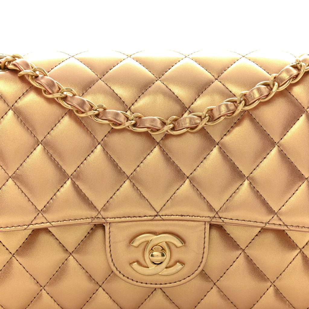 Metallic Lambskin Quilted Medium Double Flap Golden