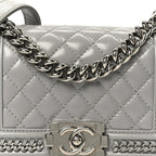 Iridescent Lambskin Quilted Small Chain Around Boy Flap Grey
