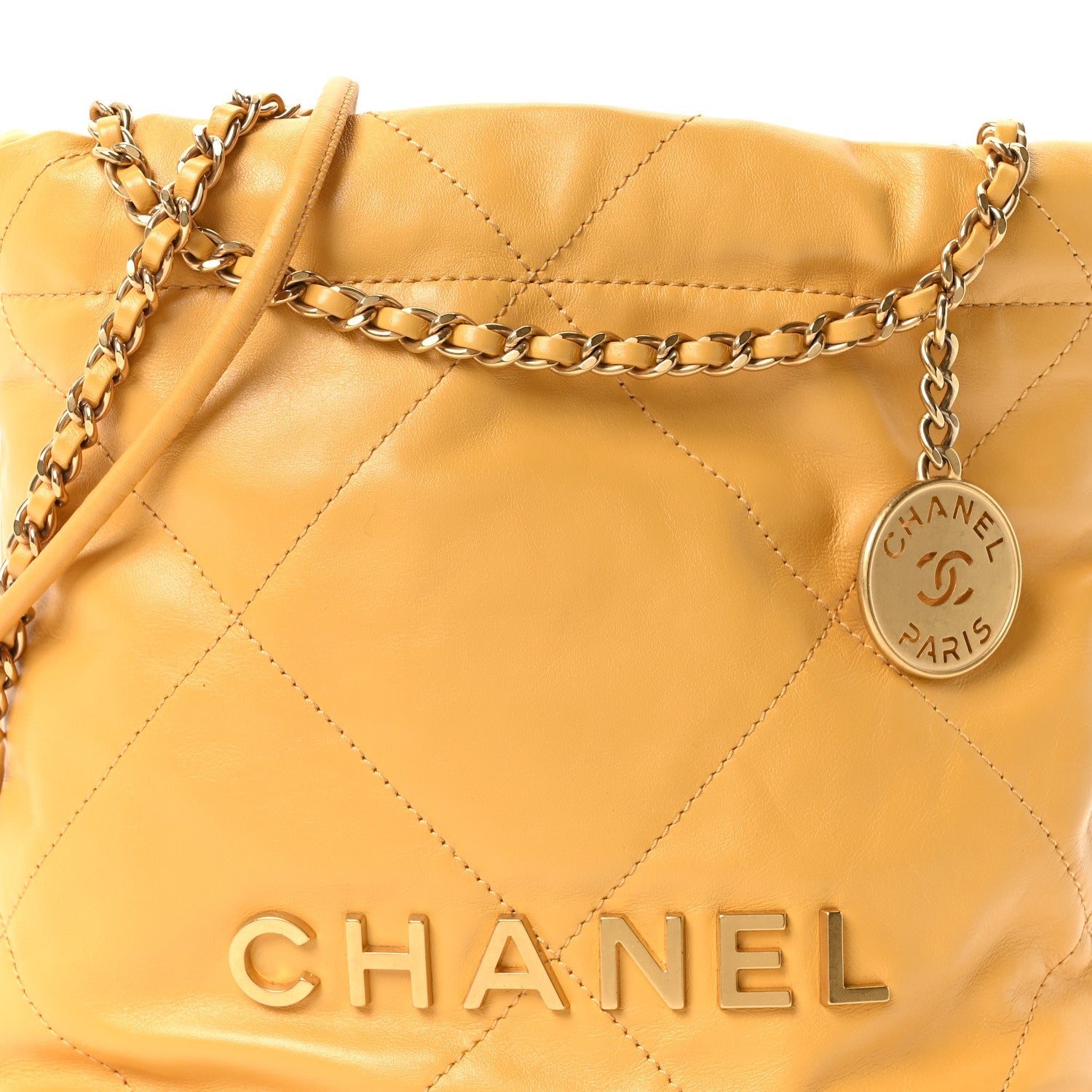Shiny Calfskin Quilted Mini Chanel 22 Yellow