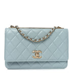 Lambskin Quilted Trendy CC Wallet On Chain WOC Light Blue