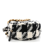 Wool Tweed Lambskin Quilted Chanel 19 Round Clutch With Chain and Coin Purse Black White