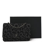 Printed Denim Quilted Flower Wallet On Chain WOC Black