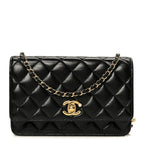 Shiny Lambskin Quilted CC Pearl Wallet on Chain WOC Black