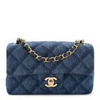 Printed Denim Quilted Mini Rectangular Flap Dark Blue