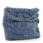 Washed Denim Quilted Studded Mini Chanel 22 Blue