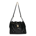 Shiny Crumpled Calfskin Quilted Small Chanel 25 Handbag Black