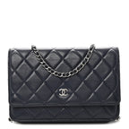 Lambskin Quilted Wallet On Chain WOC Navy Blue