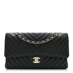 Lambskin Chevron Quilted Medium Double Flap Black