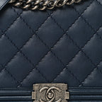 Calfskin Quilted Double Stitch New Medium Boy Flap Navy Blue