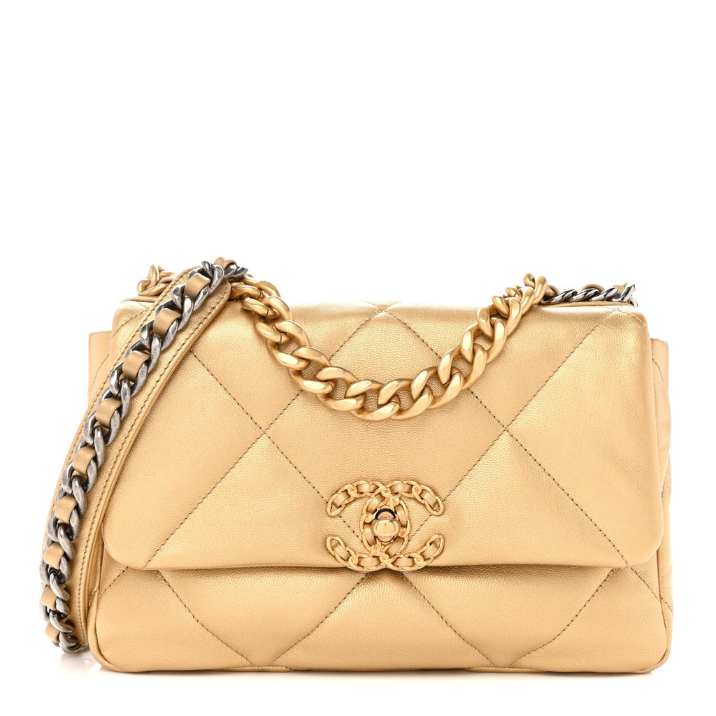 Metallic Goatskin Quilted Medium Chanel 19 Flap Gold
