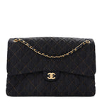 Denim Quilted XXL Travel Flap Bag Dark Blue Orange