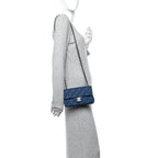 Printed Denim Quilted Mini Rectangular Flap Dark Blue