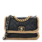 Crumpled Calfskin Shearling Sheepskin Quilted Medium Chanel 19 Flap Navy