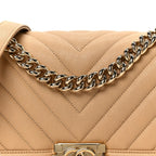 Caviar Chevron Quilted Medium Boy Flap Beige
