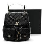 Calfskin Quilted Large Duma Pockets Drawstring Backpack Black