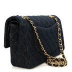 Denim Quilted Medium Double Flap Dark Blue