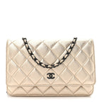 Metallic Lambskin Quilted Wallet On Chain WOC Gold Black