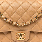 Caviar Quilted Medium Double Flap Beige