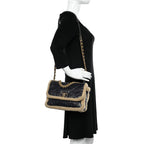 Crumpled Calfskin Shearling Sheepskin Quilted Medium Chanel 19 Flap Navy