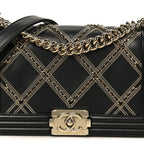 Calfskin Quilted Medium Chain Detail Boy Flap Black