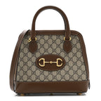 GG Supreme Monogram Azalea Calfskin Small Horsebit 1955 Top Handle Bag Beige Ebony Brown Sugar
