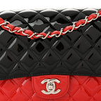 Patent Calfskin Quilted Bi-Color Medium Double Flap Black Red