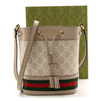 GG Supreme Monogram Textured Calfskin Web Mini Ophidia Bucket Bag Beige Ebony Mystic White Oatmeal