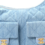 Washed Denim Quilted Large Trendy Pockets Hobo Blue