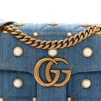 Denim Matelasse Pearl Studded Mini GG Marmont Shoulder Bag Blue