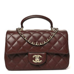 Lambskin Quilted Mini Top Handle Rectangular Flap Dark Brown