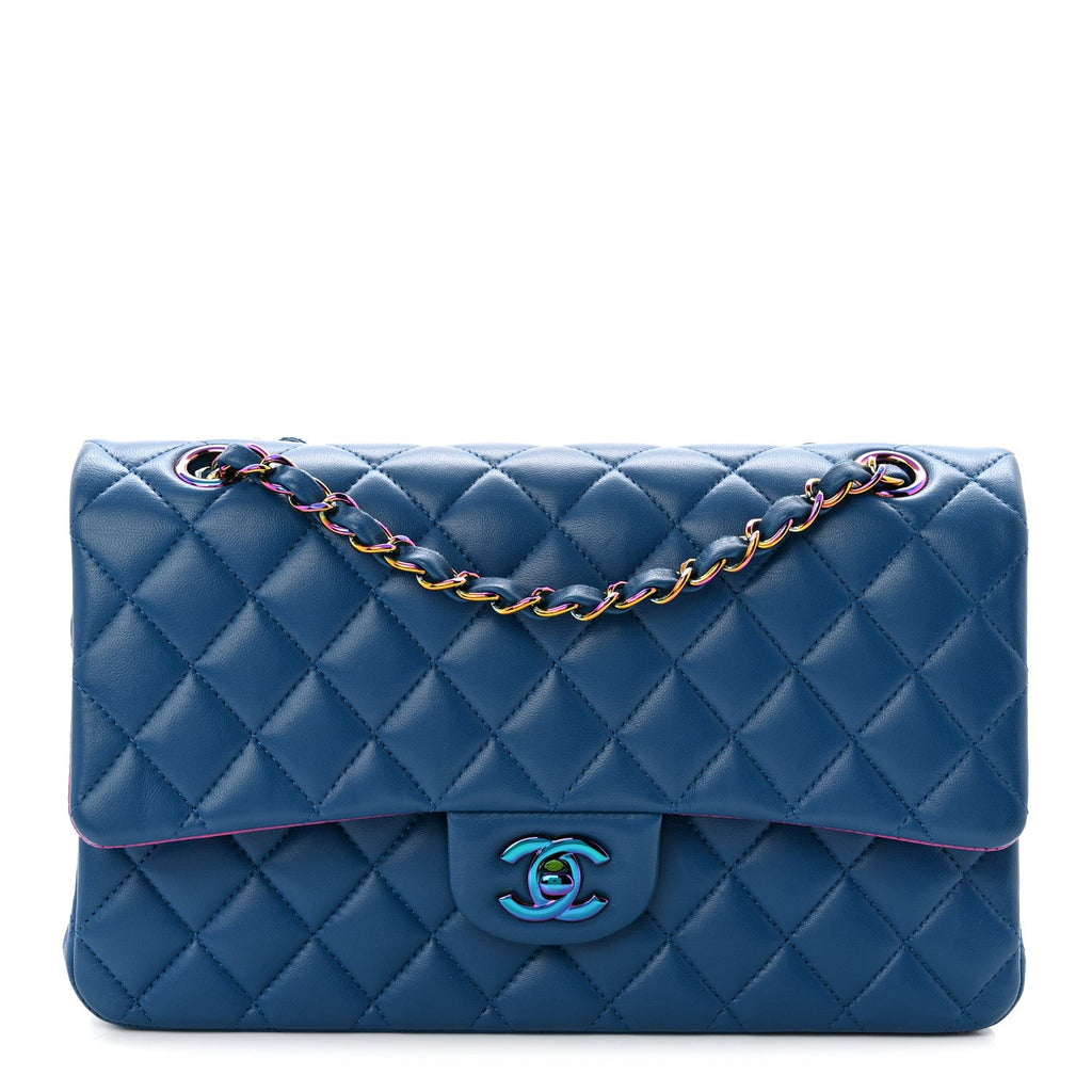 Lambskin Quilted Medium Double Flap Blue Pink