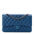 Lambskin Quilted Medium Double Flap Blue Pink