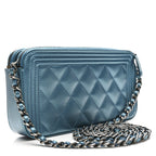 Metallic Caviar Quilted Small Boy Clutch With Chain Turquoise