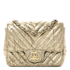 Patent Metallic Crumpled Calfskin Chevron Quilted Mini Square Flap Gold