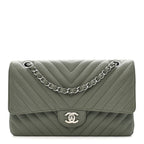 Caviar Chevron Quilted Medium Double Flap  Green