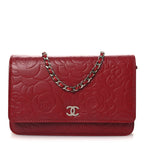 Lambskin Camellia Embossed Wallet on Chain WOC Red
