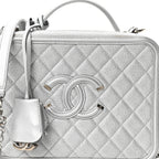 Metallic Caviar Quilted Large CC Filigree Vanity Case Silver