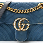 Denim Matelasse Mini Pearly GG Marmont Shoulder Bag Blue