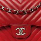 Caviar Chevron Quilted Jumbo Double Flap Dark Red