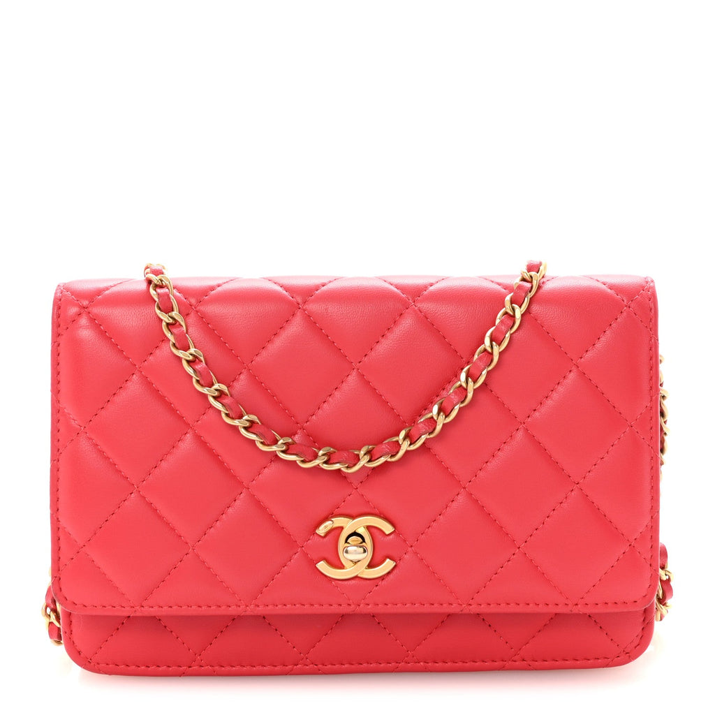Lambskin Quilted CC Pearl Crush Wallet on Chain WOC Red