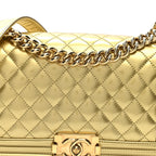 Metallic Patent Calfskin Quilted Medium Boy Flap Gold