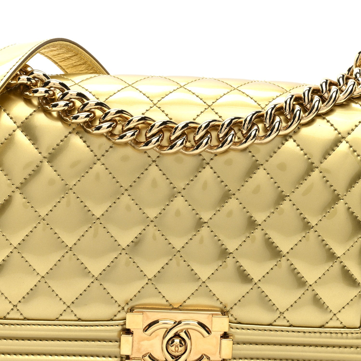 Metallic Patent Calfskin Quilted Medium Boy Flap Gold