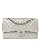 Glittered Metallic Caviar Quilted Medium Double Flap Silver